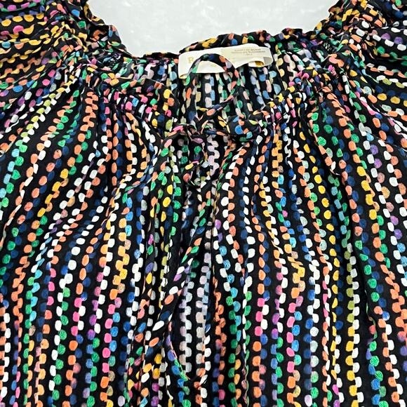 Ramy Brook Eugenia Ruffle Sleeve Top Large Rainbow Dot Stripe Split Neck Peasant - Picture 5 of 12